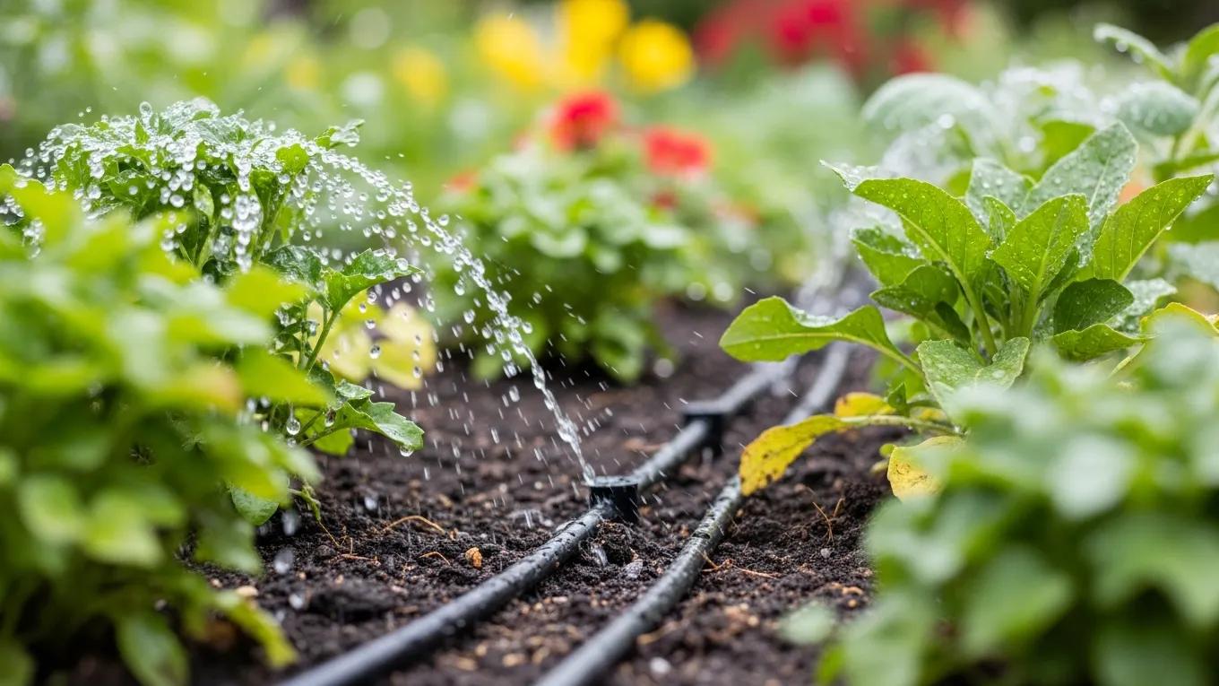 Close-up of drip irrigation system delivering water directly to plant roots