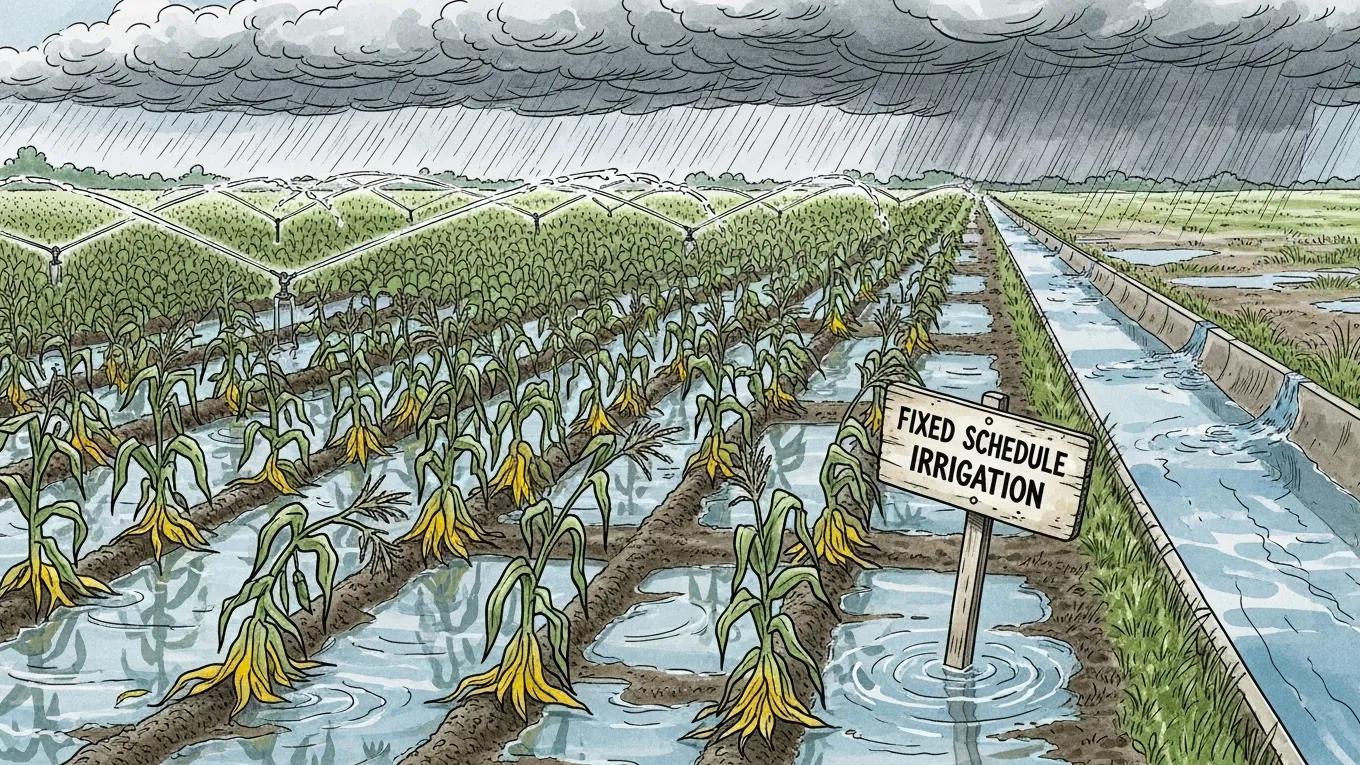Traditional irrigation system causing overwatering and plant stress in a garden